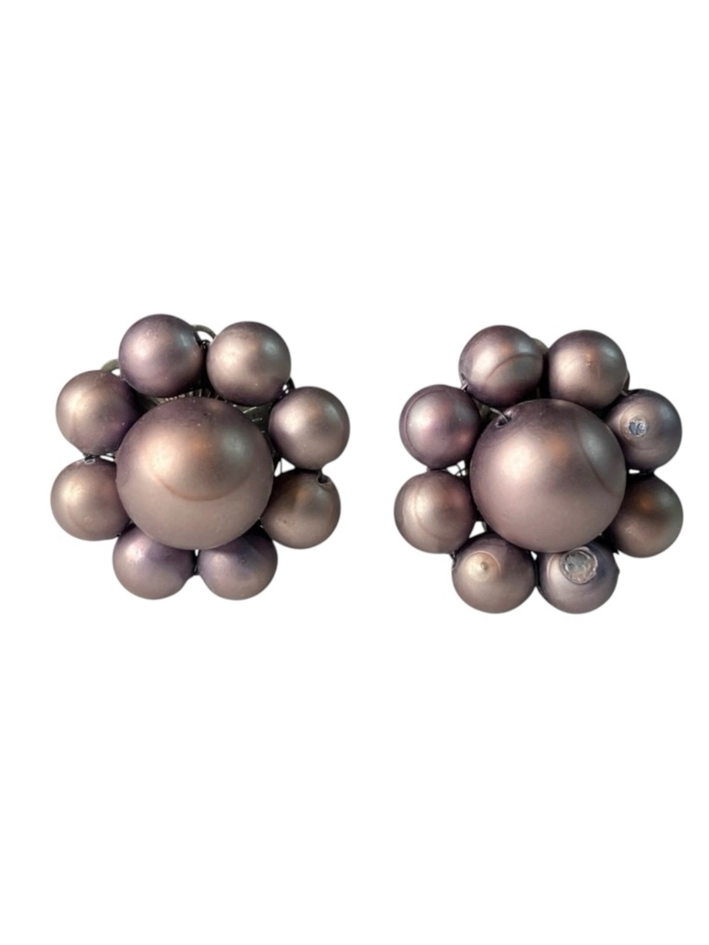 Vintage Japan Faux Pearl Cluster Clip On Earrings Mauve Purple  Mid Century‎